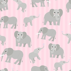 Seamless pattern vector of cute elephants on a pink striped background..