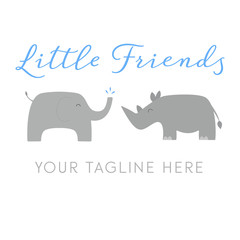 Vector illustration of a baby elephant and rhino. Logo branding design concept.