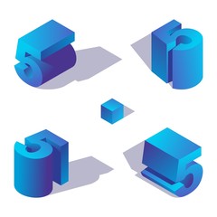 Vector isometric number 5 in various foreshortening, decorated with shadows, drawn in 3d in blue shades.