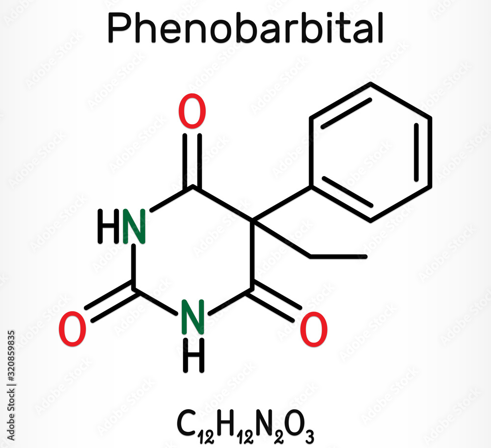 Sticker Phenobarbital, phenobarbitone or phenobarb, C12H12N2O3  molecule. It is a medication for the treatment of epilepsy. Skeletal chemical formula