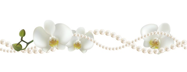 Flowers. Floral background. Pearls. Seamless pattern. White orchids. Tropical plants. © Nataliia