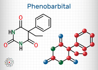 Phenobarbital, phenobarbitone or phenobarb, C12H12N2O3  molecule. It is a medication for the treatment of epilepsy. Structural chemical formula and molecule model. Sheet of paper in a cage