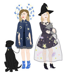 Two witches with their cat and dog