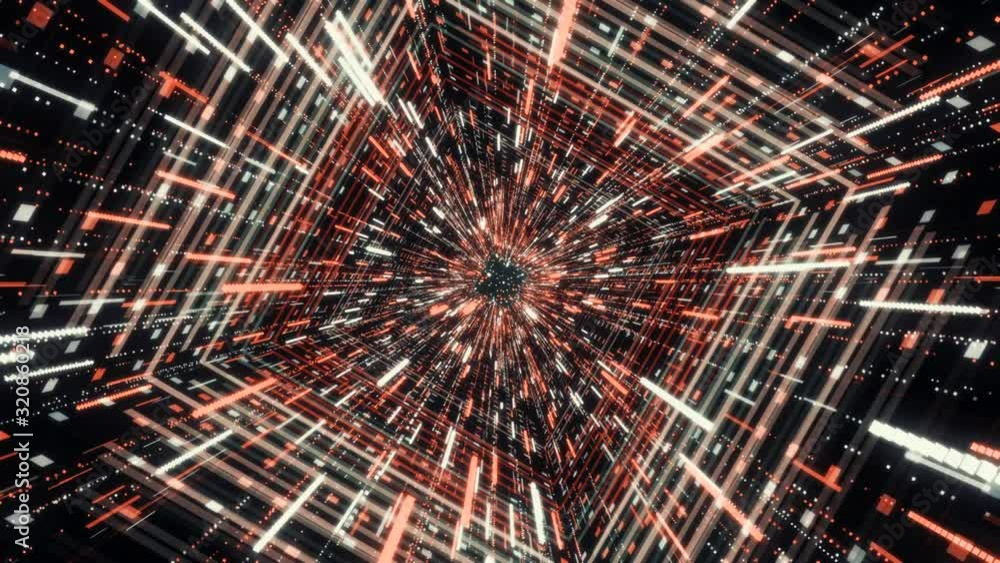 Poster hypnotic abstract animation of holographic corridor or tunnel with neon geometric patterns and lines
