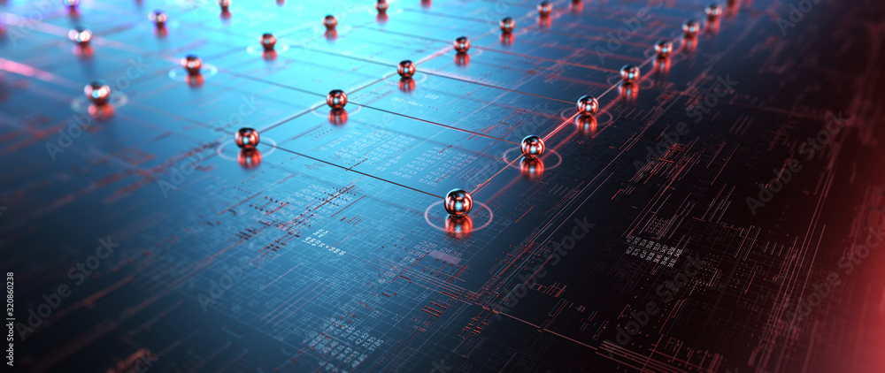 Poster Block chain network concept , distributed register technology, block chain text and computer connection. 3D Rendering