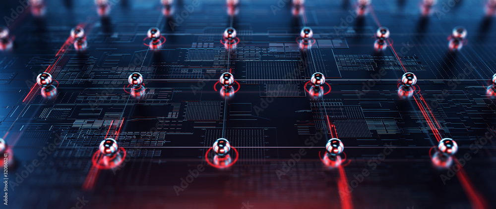 Poster Block chain network concept , distributed register technology, block chain text and computer connection. 3D Rendering