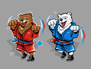 Russian bear wrestler isolated on background. Brown and polar bears in red and blue tracksuit. Vector illustration.