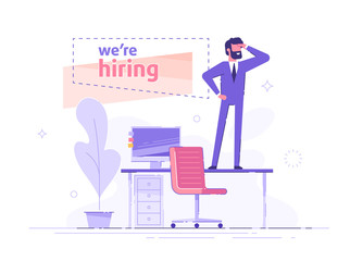 Handsome businessman is standing on the office table and looking into the distance in search of employees. We are hiring banner. Hiring and recruitment concept. Vector illustration.