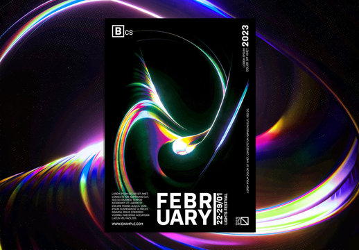 Poster Layout with Abstract Glowing Waves on Black Background