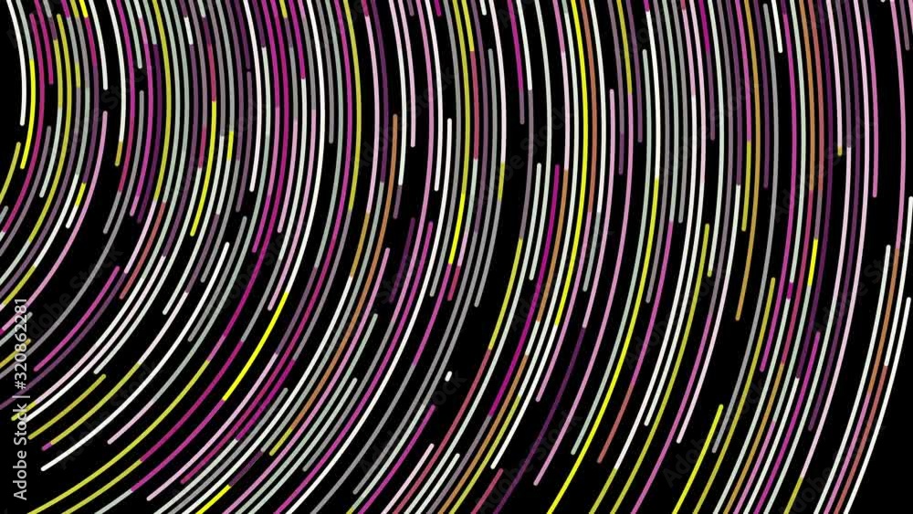 Poster beautiful abstract animation of multicolored neon lines rotating in a circle on the black background