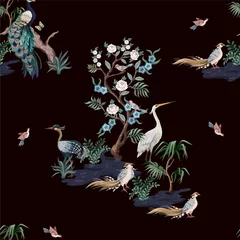 Papier Peint photo autocollant Style japonais Motif harmonieux de style chinoiserie avec cigognes, oiseaux et pivoines. Vecteur,