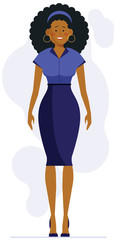 Smiling young African American woman. Office worker, assistant, curly hair flat vector illustration. Female employee, ethnicity, fashion concept for banner, website design or landing web page