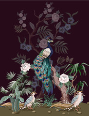 Border in chinoiserie style with peacock and peonies. Vector. - 320862645