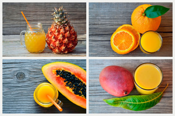 Collage of different tropical fruits and juices. Pineapple,orange,papaya and mango on wooden background.Healthy detox drinks and beverages.Selective focus.