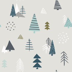 Seamless pattern with of woodland with cute pine trees. Creative scandinavian kids texture for wrapping paper, fabric, textile, gender-neutral kid nursery design - obrazy, fototapety, plakaty