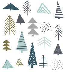 Woodland with cute pine trees isolated on white background elements. Creative scandinavian kids illustration