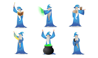 Set of colorful wizard character in different action situations. Vector illustration in flat cartoon style.