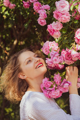 Fototapeta premium Beautiful woman holds blooming pink rosebush. Rose concept. Blossom around. Beautiful woman with pretty blooming rose flowers. Happy woman walking at rose garden.