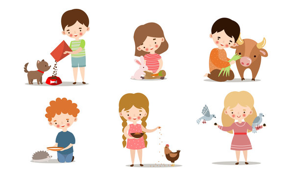 Set of kids feeding and taking care of wild and pet animals. Vector illustration in flat cartoon style.