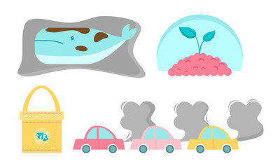 Set of various types of industrial pollution.Vector illustration in flat cartoon style.