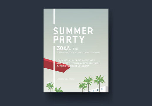 Event Flyer Layout with Palm Trees and Diving Board Illustrations