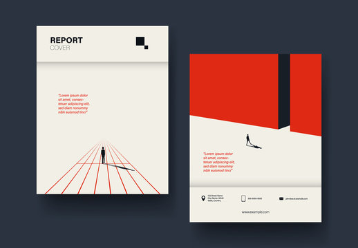 Report Cover Layout with Red and Black Illustrations