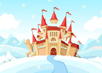 Medieval castle on winter landscape. Cartoon snowy fary tale palace Vector illustration