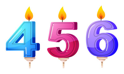 Set of a birthday party, anniversary candles in the form of numbers. Vector illustration in flat cartoon style.