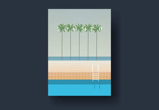 Vintage Style Postcard Layout with Pool and Palm Tree Illustrations
