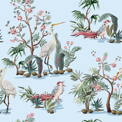 Motif harmonieux de style chinoiserie avec cigognes, oiseaux et pivoines. Vecteur,