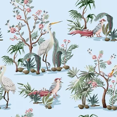 Papier Peint photo Style japonais Motif harmonieux de style chinoiserie avec cigognes, oiseaux et pivoines. Vecteur,