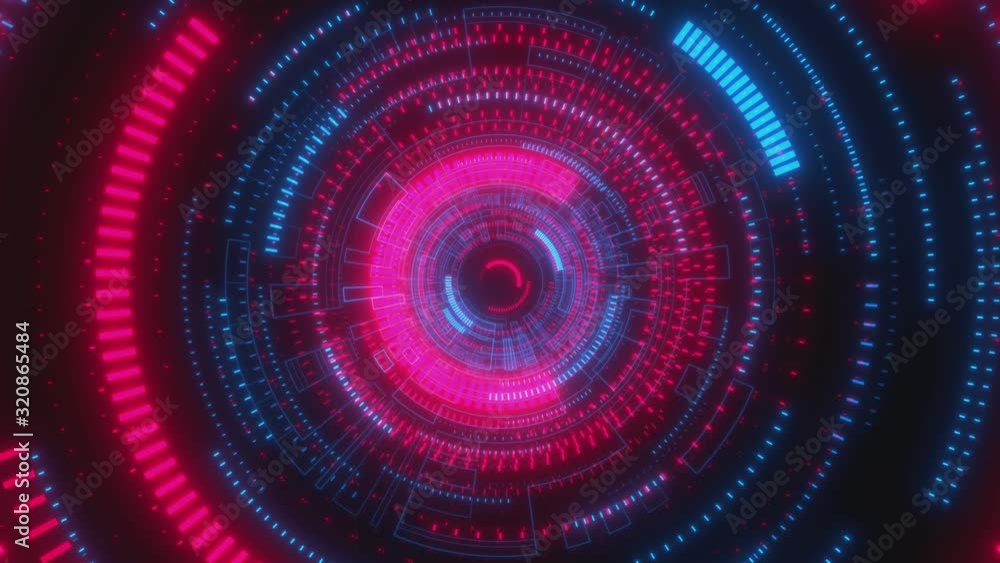 Poster looped animation. abstract background. moving through hyperspace with bright circles in red and blue