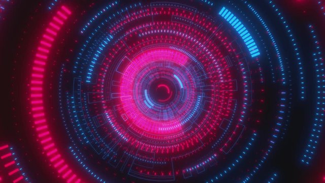 Looped animation. Abstract background. Moving through hyperspace with bright circles in red and blue color. Modern colorful wallpaper. 3d rendering.