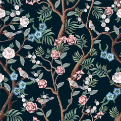 Wallpaper murals Jungle  children room Seamless pattern in chinoiserie style with peonies trees and birds . Vector,
