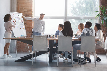 Side view of man and woman making presentation in office