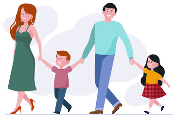 Family with two children. Happy young couple walking and leading kids by hands flat vector illustration. Parenthood, family, love concept for banner, website design or landing web page