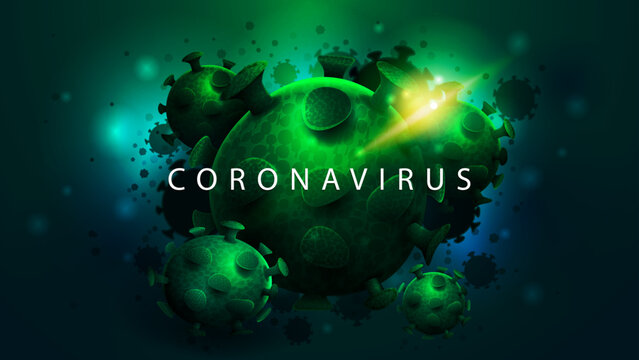 Coronavirus, dark poster with large green coronavirus molecules on abstract blue background