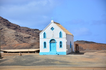 A white small Christian old traditional church on Sal Island, Cape Verde, Cabo Verde