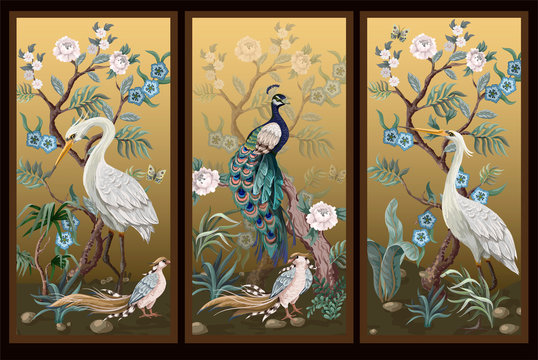 Folding screen in chinoiserie style with peacock and peonies on golden background. Vector.