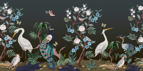 Border in chinoiserie style with herons, peacock and peonies. Vector. - obrazy, fototapety, plakaty