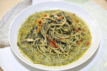 The portrait of food spaghetti on the white plate