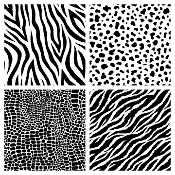 Set of 4 black and white animal skin imitation seamless patterns. Leopard, tiger, zebra, crocodile, jaguar prints. Exotic backgrounds. 