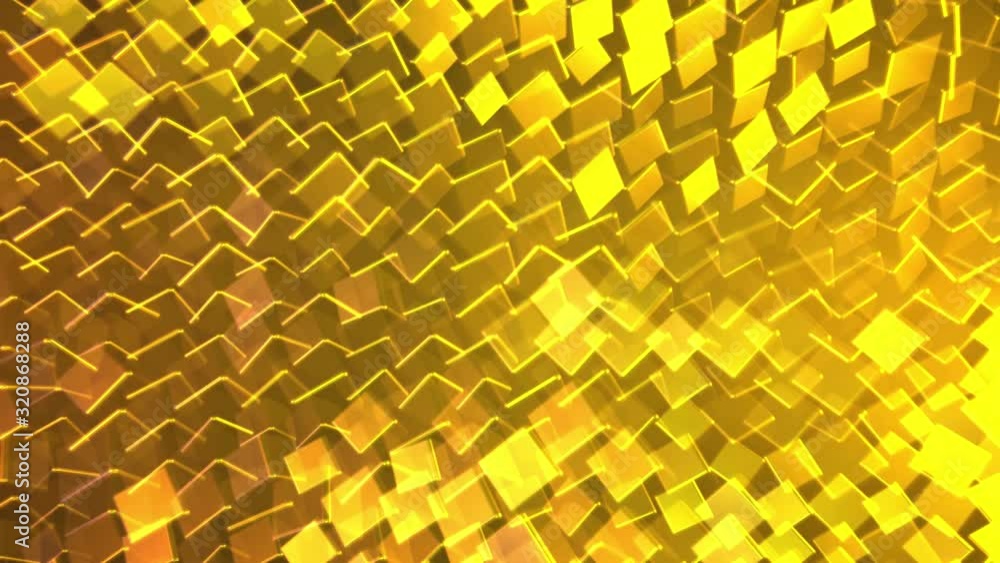 Poster Abstract 3d geometric shapes in rows spinning on golden background, seamless loop. Animation. Small yellow cubes rotating endlessly in different directions.