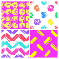 Set of 4 seamless patterns with bright colorful brush strokes. Hand drawn textures. Pop art vector wallpapers.	