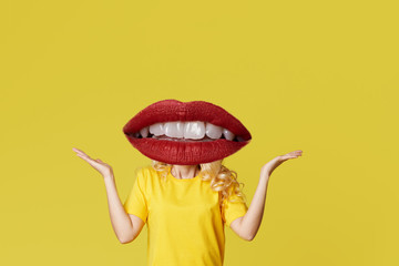 Modern art collage. Womans body with red lips as a head on yellow background