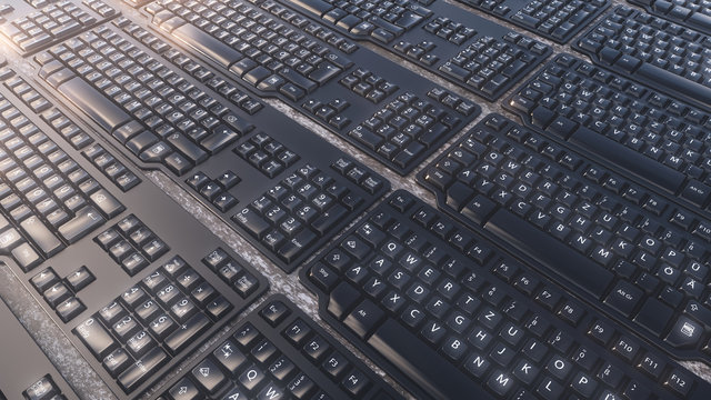 Many PC keyboards in an artistic arrangement - 3D Rendering