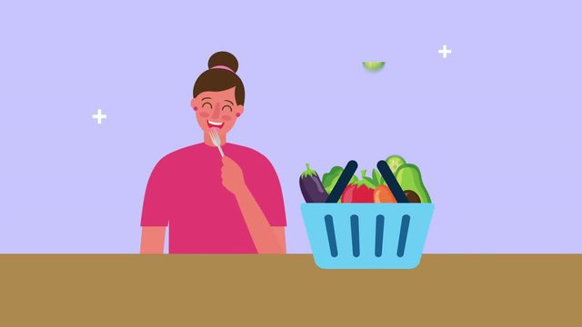woman with healthy food in shopping basket
