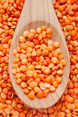 Red Lentils in wooden spoon background full frame.