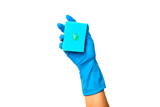 A Hand With A Blue Glove Holds A Sponge With Dishwashing Detergent On A White Isolated Background