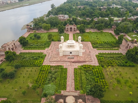 Aerial view of Itimad-ud-Daula with the Yamuna river, Moti Bagh, Agra, Uttar Pradesh, India